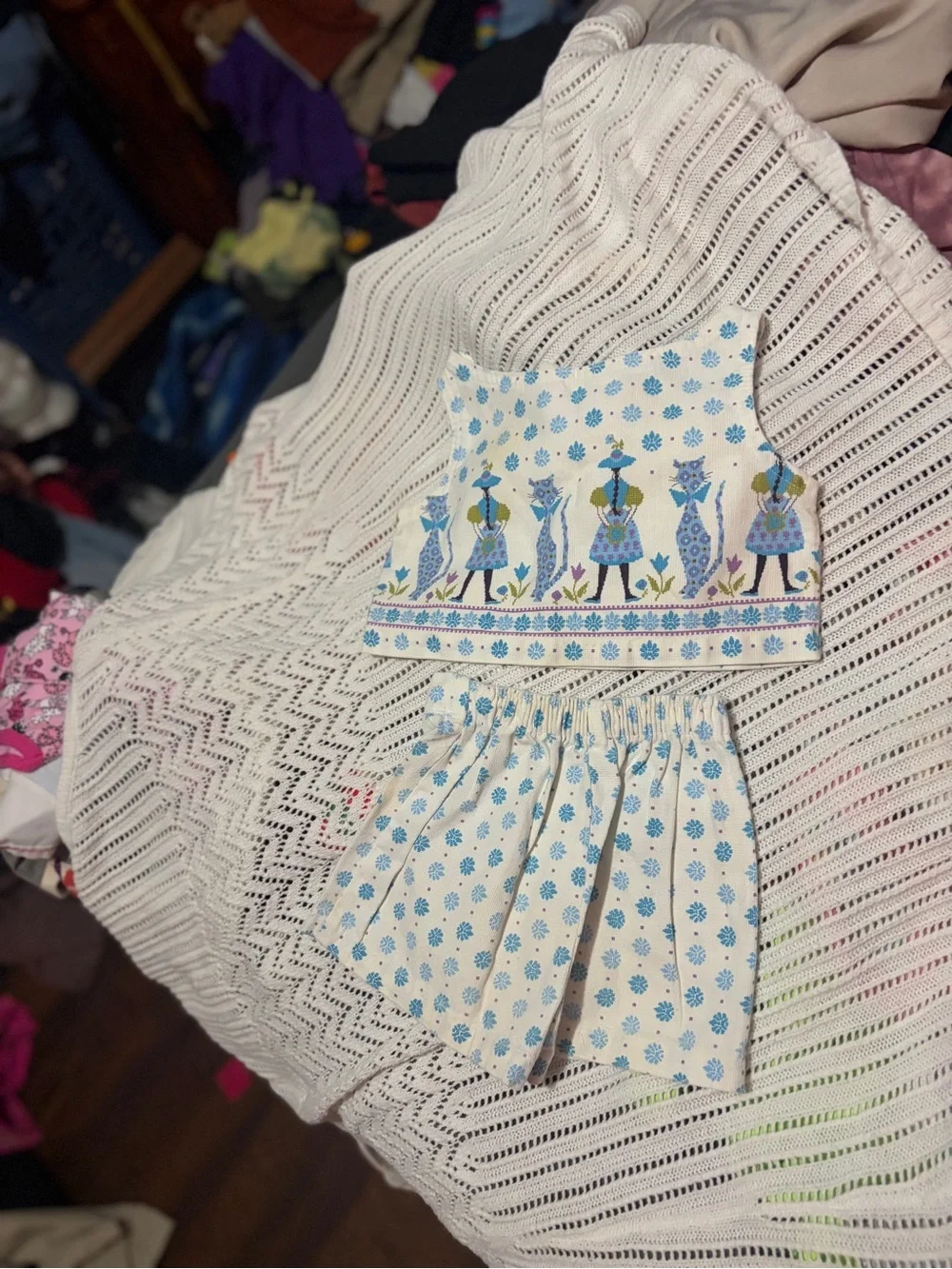 VTG 2 Piece Girls Matching Skirt Set Cotton Blend Woven Handmade Cat Boutique